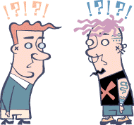 [Illustration of an argument between a conservative, yuppy-looking cartoon, and a tatooed, alternative one.]