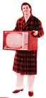 [Colorized (by me) photograph of a man wearing a plaid robe, carrying a T.V. set.]